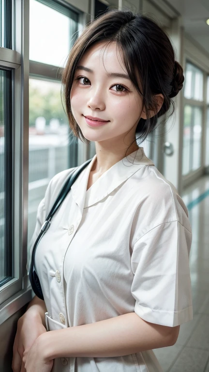 A realistic portrait of a young Japanese female nurse, smiling warmly while wearing a crisp white uniform. Her short black hair is neatly styled, and her expression conveys compassion and kindness. She is standing in a modern, bright hospital hallway with ...