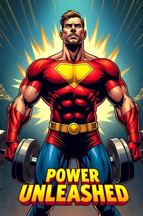  A superhero with a muscular physique,  lifting weights or dumbbells .  The motto can be Power Unleashed . Comic-style design , vibrant colors like blue, red and gold."