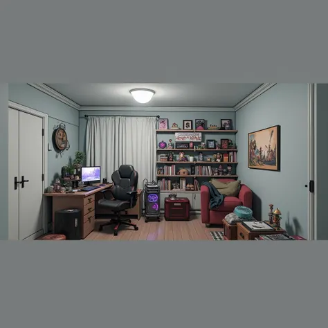 a young gamer geeky room, detailed interior, gaming setup, computer desk, gaming chair, bookshelves, video game posters, anime figurines, rgb lighting, neon signs, cluttered messy aesthetic, cyberpunk style, moody lighting, warm tones, cinematic compositio...