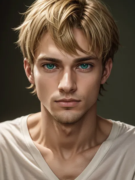 (best quality), 1boy, Male, 27 years old, young man, honey toned skin, short hair, dirty blonde hair, messy hair, messy bangs, green eyes, perfect eyes, loose shirt, clean-shaven, nerd, lanky, tired expression, dark circles under eyes, masterpiece, anatomi...