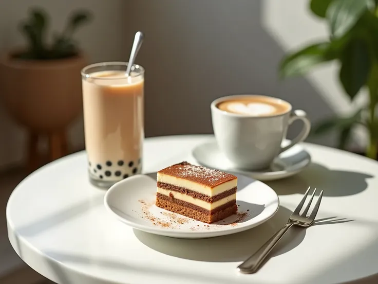 The photo is food photography. The photo contain a glass of boba milk tea, a cup of cappuccino and a plate of tiramisu. There is a fork on tiramisu plate. Food is serving on a white coffee table. Narrow depth of field. Natural light. Three-Fourths Angle.