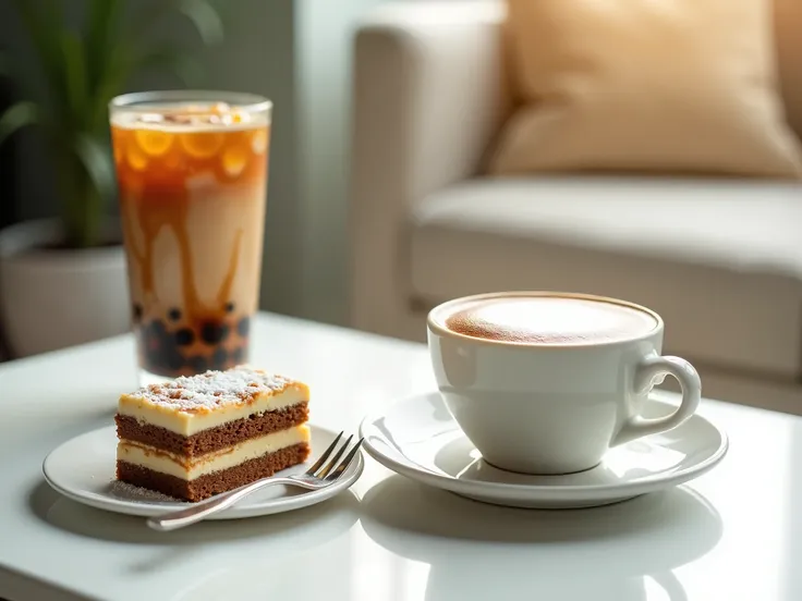 The photo is food photography. The photo contain a glass of boba milk tea, a cup of cappuccino and a plate of tiramisu. There is a fork on tiramisu plate. Food is serving on a white coffee table. Narrow depth of field. Natural light. Three-Fourths Angle.