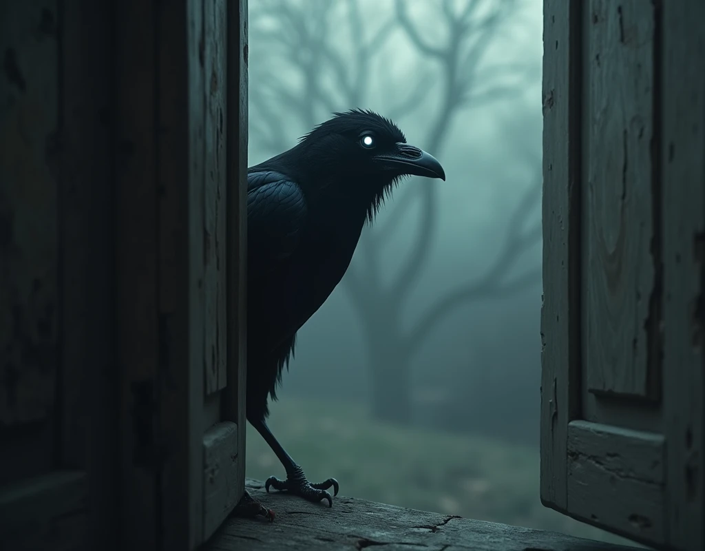 dark and sinister crow on the side looking at the camera with its white eye shining inside an old wooden room with thick and strong fog, the crows wings are disintegrating, an artistic, reflective abstraction,