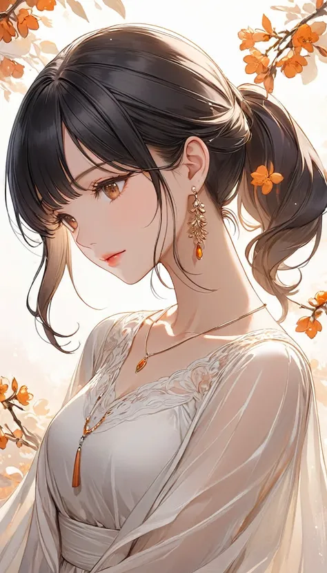 A waist-up view of a 25-year-old anime-style woman. Her long, black hair is styled in a half-ponytail style, with loose waves cascading over her shoulders. She has a symmetrical face with almond-shaped, warm amber eyes, giving a calm, serene expression. De...