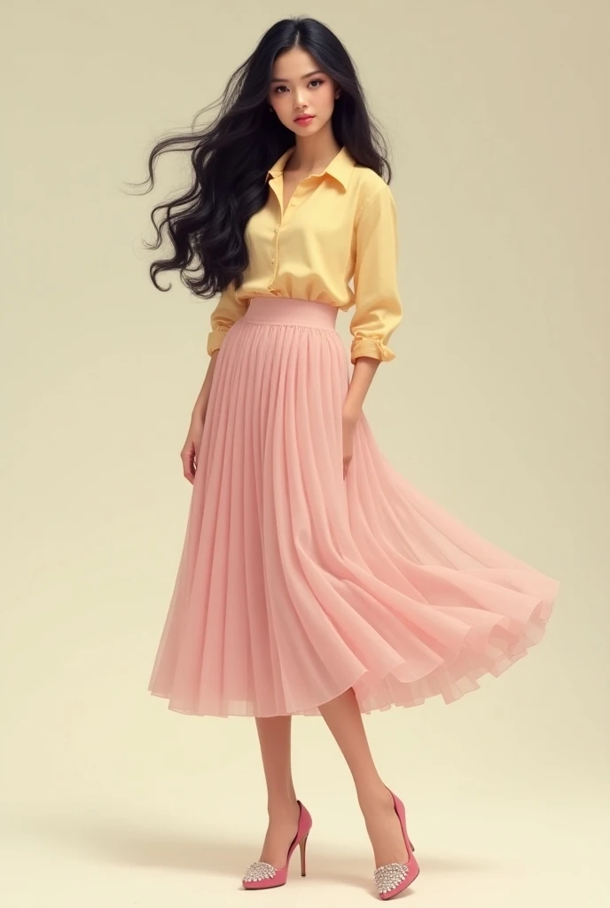 Light-skinned girl with dark full-bodied hair wearing light yellow pastel blouse, light pink pleated midi skirt and fuchsia pink heels with diamond in the center 