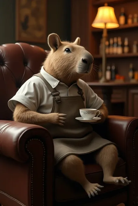 Capybara owner of a distillery drinking tea 