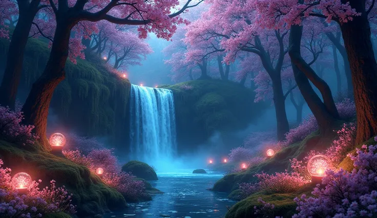 a magical forest with a waterfall in a deep night, surrounded by much much more flowers up and down the forest and flowery Sakura and  numerous beautiful lamp lights and glowy things