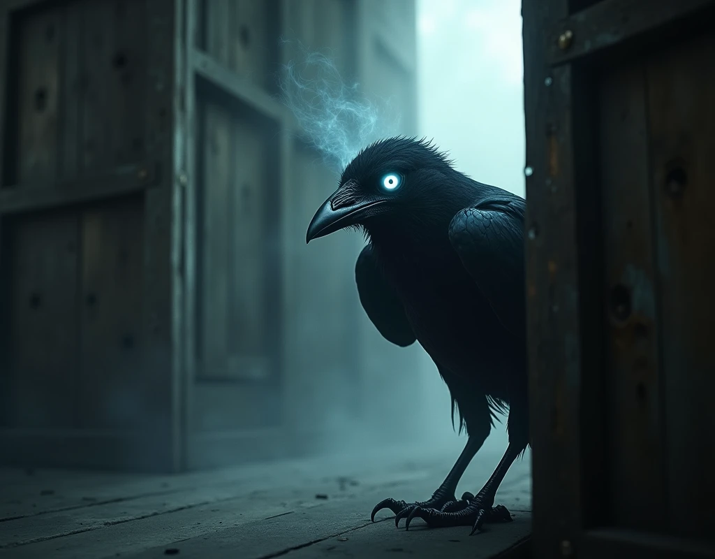 dark and sinister crow on the side looking at the camera with its white eye shining with a spectrum and an aura an energy around it inside an old wooden room with dense and strong fog, the crows wings are disintegrating, an artistic, reflective abstraction...