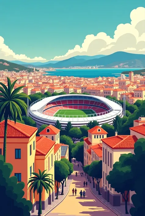 Affiche illustration flat colorée représentant la ville de Marseilledans avec le stade vélodrome et la bonne mère des couleurs vives chatoyantes 