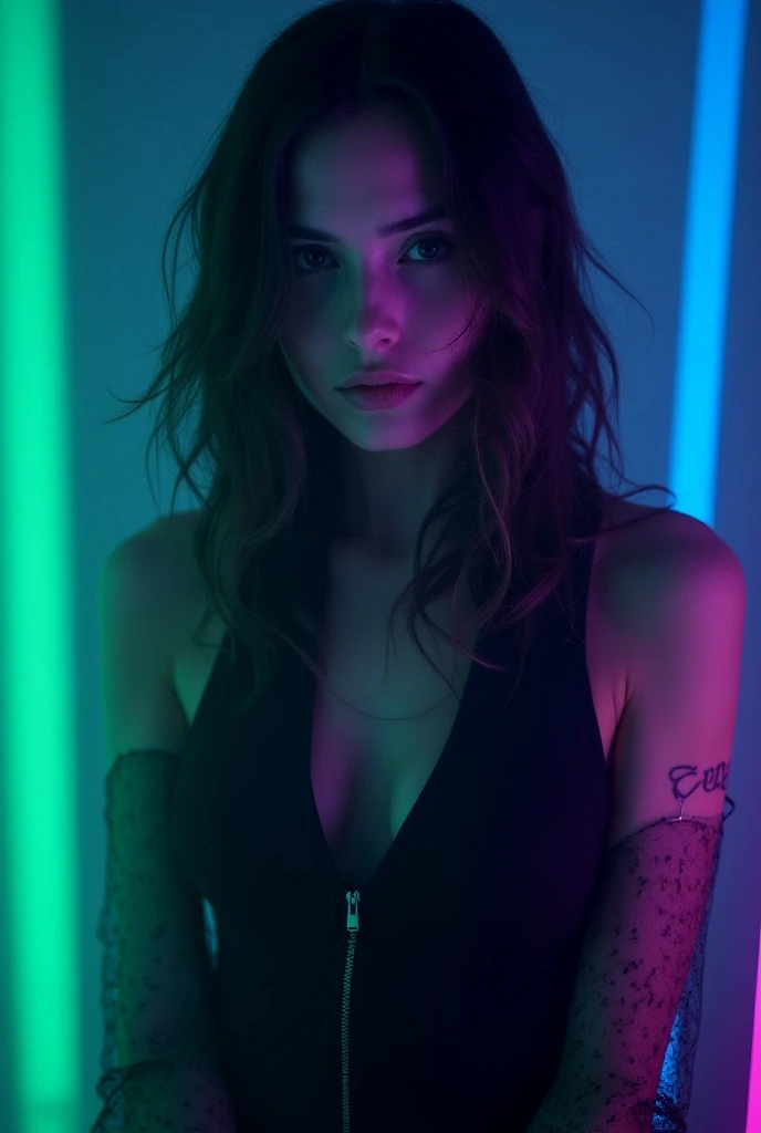 A mysterious woman, vibrant colors, neon hues of green, blue, and purple, extremely perfect, ultra-realistic