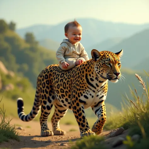 A realstic baby is sitting on the back of a leopard as it slowly moves through a hilly area, with the  smiling brightly.
