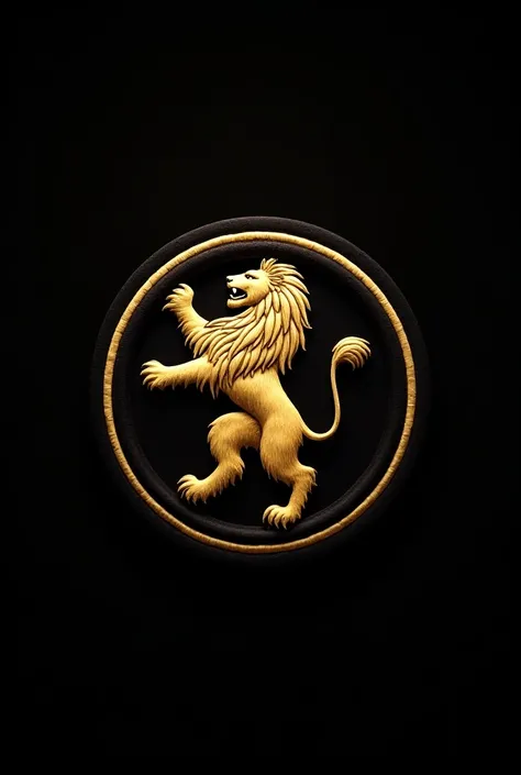 Make a logo like ,  a golden lion in the middle embroidered gold style gold o , shiny black background in the middle of a circle .