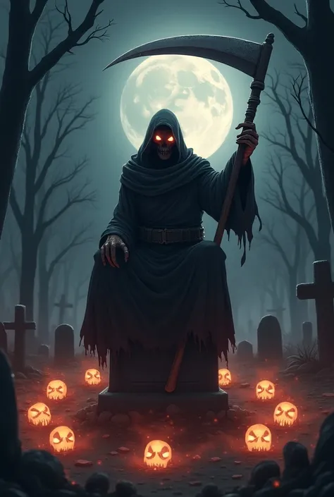 (Anime style) (swirling massive soul cyclone background) animated grim reaper, sitting on tombstone, holding scythe, wearing loose cloak, glowing eyes, multiple glowing floating souls, action lighting, spooky woods in background, graveyard with moonlight, ...