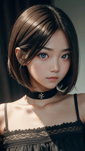 a girl who has short, beautiful shoulder-length hair and eyes that have the impression of a sharp gaze and has a cheeky and indifferent facial gesture