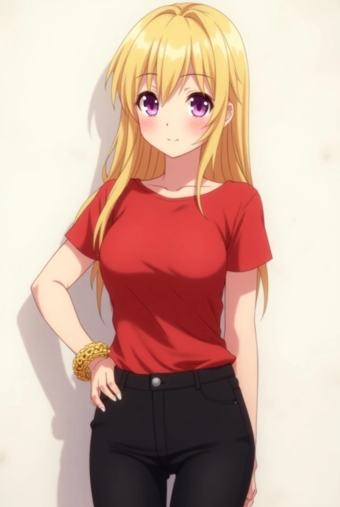 Make an anime girl ,also a good body, wearing a red t shirt and a black lower, smile 1:3 she is 30 years old , she is wearing a bracelet in her wrist of right hand , golden hair , purple eyes 