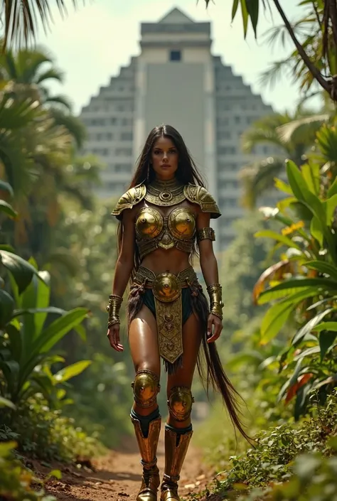 A full-length Aztec woman walks towards the camera through the jungle in golden armor, with an Aztec pyramid behind her, cinematic photography style, Red Monstro 8K camera, Sony 16-35MM camera, moderate depth of field, eye-level shot, Kodak Porta film --ar...