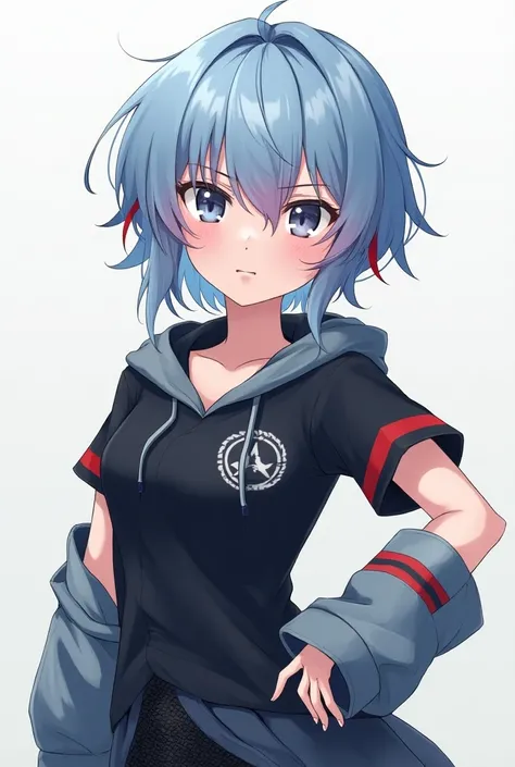  1 girl,  shortcuts, Blue Hair/Light blue hair, Red Hair, small breasts, blue eyes, Red eyes, smug face,  simple background,  hood, anime風, anime, whole body,Disdainful look at military uniforms, mesh,tall