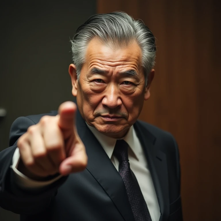 A realistic portrait of an older Korean man, around 70 years old, with slicked-back gray hair, deep wrinkles on his forehead, and a stern expression. He is wearing a formal suit with a dark tie and a white shirt underneath, all in subdued, muted colors. Hi...