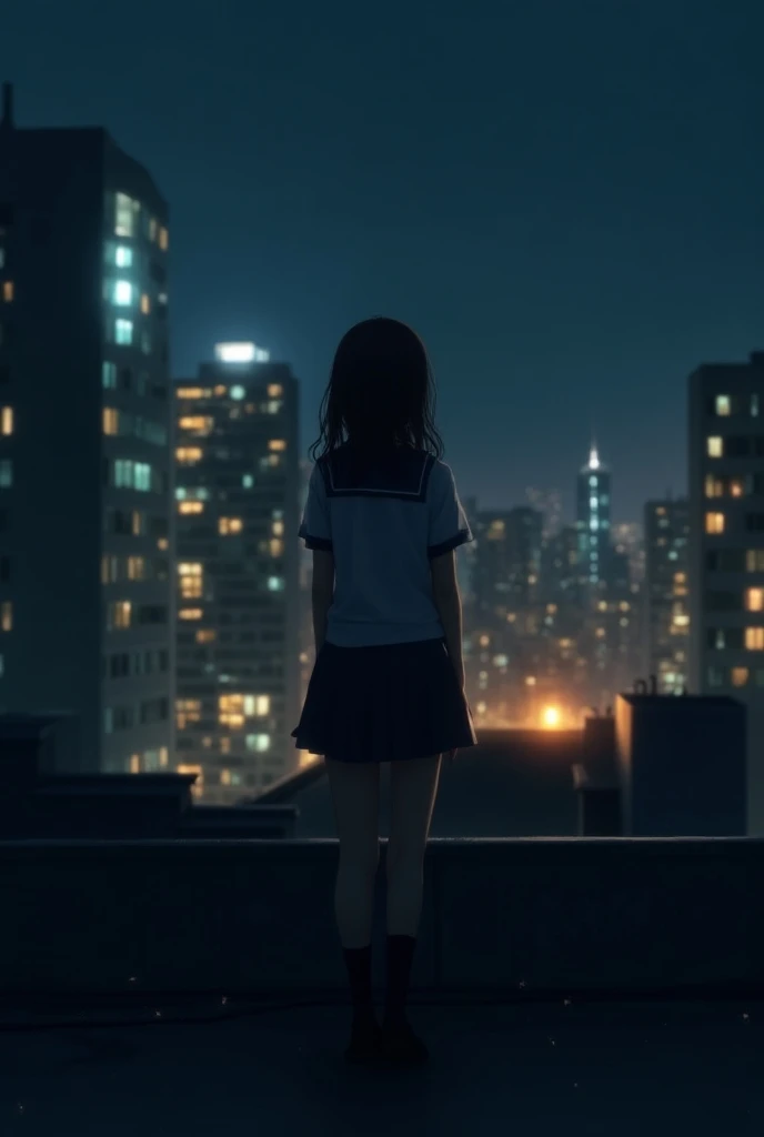 In the night..there is building lights..a girl wearing school dress standing in the rooftop.. showing her back ..an realistic picture 