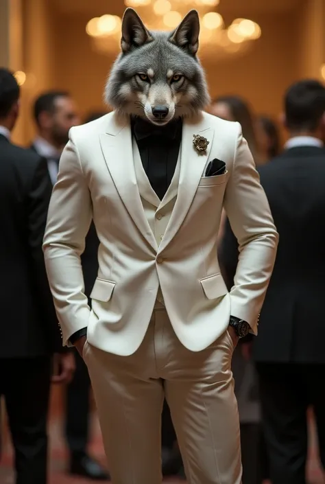 A very masculine wolf that stands like a human but more human like wearing a formal white suit and attending a gathering more musculine make it less wolf like