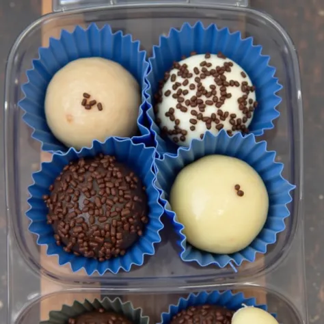 Brigadeiros candies with dark and white chocolate sprinkles on top.  Brigadeiros are wrapped in a transparent plastic mold, Background of the image a wooden table .  Homemade and unprofessional real image. 