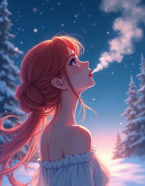 beautiful, masterpiece, detailed, best quality, (anime drawing), woman, back view, facing completely away, close up, off-shoulder dress, snowing, late night, ((lots of visible semitransparent cloudy breath), blowing upwards, visible exhalation, focus on br...