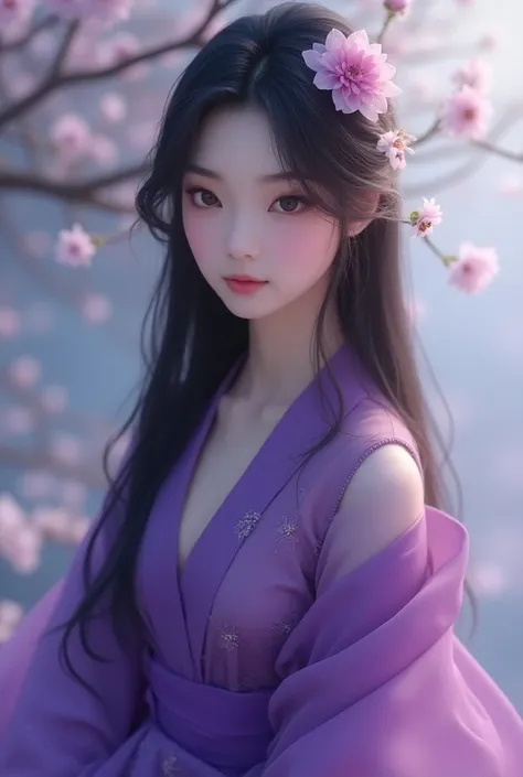 Beautiful young Japanese girl wears purple clothes 