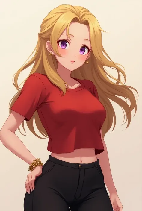 Make an anime girl ,also a good body, wearing a red t shirt and a black lower, smile 1:3 , 35 years old , she is wearing a bracelet in her wrist of right hand , golden hair , purple eyes 