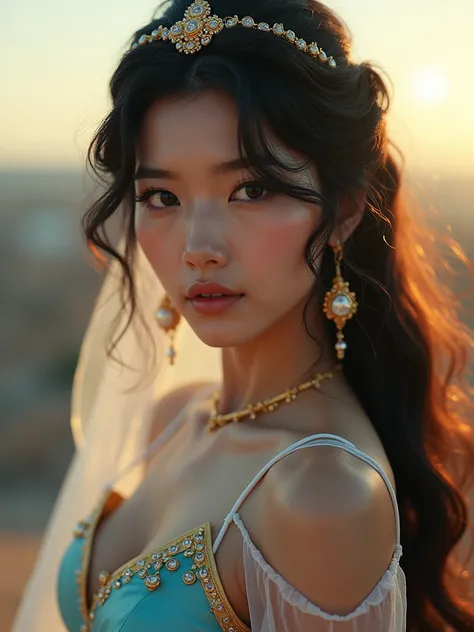 Dynamic Angle,  Japanese Women,  Blurred Background , Disneys fantasy world, Bokeh,  chromatic aberration , Bokeh, photograph_curly, Cosplay "jasmine(Aladdin)", Genuine, Alone,  horizon , Model-like, Incomplete details, Shooting with Leica, analog, : Artis...