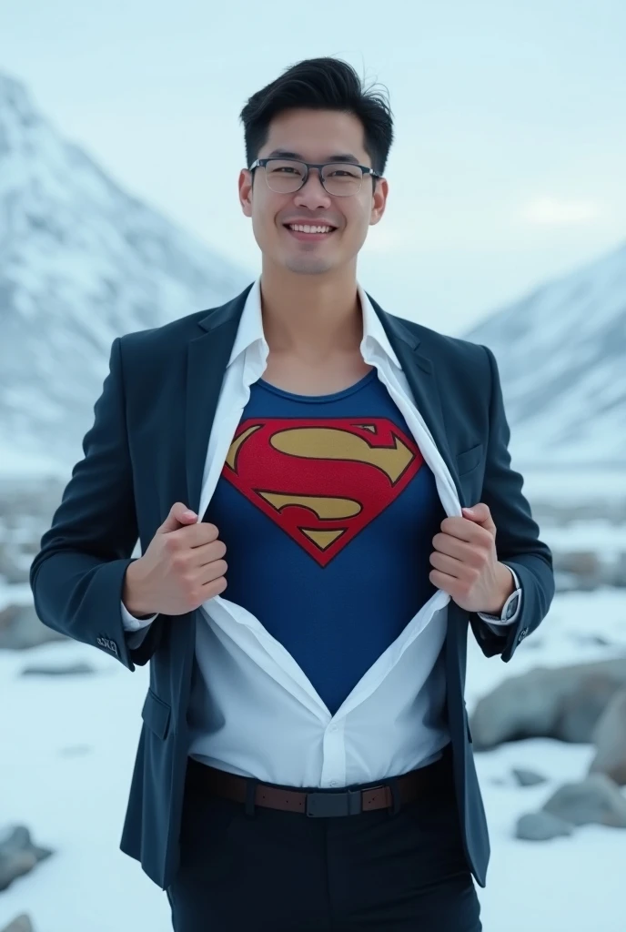 a reporter known as Clark Kent ,a 30-year-old Korean face, attractive, a suit with muscular,, black dress pants (tearing his white business shirt:0.8) with both hands, taking off an unbuttoned white shirt, showing the blue Superman suit under his (torn at ...