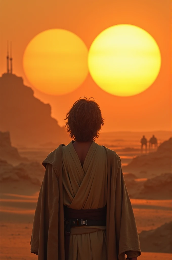 Recreate the image of Luke from Star Wars watching the sunset of the two Tatooine suns in the desert in an elongated horizontal frame format