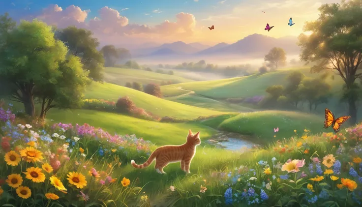  Depicting the Beautiful Mysterious World of Prairie , Unexplored Prairie , Clear and Beautiful Air , Expression of Prairie Fog , fantasy world,A beautiful flower garden spot that will enchant anyone,bright,Diagonal composition,Focus on the cat,Fantastic, ...