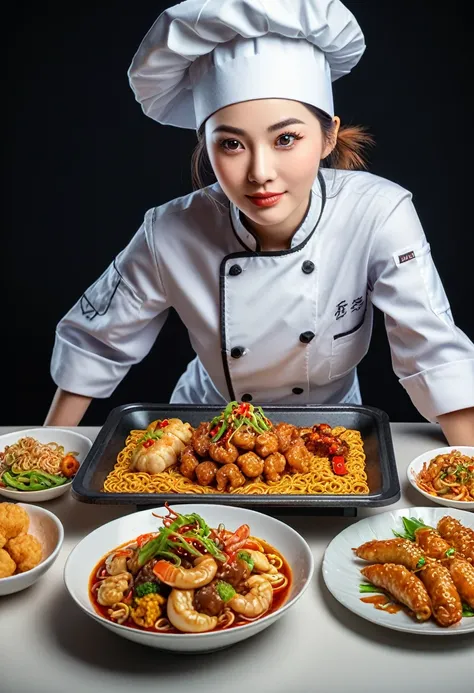 A beautiful female chef show a table full of chinese food.
best quality, masterpiece, intricate details, ultra-detailed