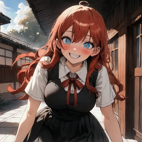 1female, school girl, (blushing), (grinning), ((cheerful expression)), ((long red hair:1.4)), (detailed eyes), blue eyes, long eyelashes, white buttoned shirt, large breasts, black skirt, (in a school courtyard), (half-body image:1.3), masterpiece, (high d...