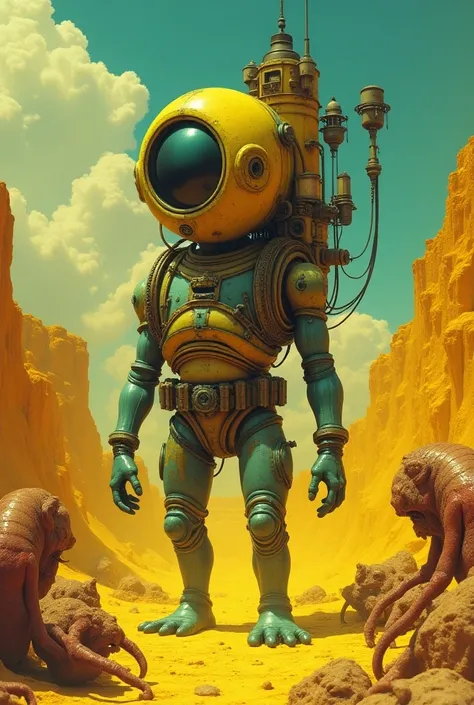 Post-apocalyptic style design, stunning sulfur-filled alien planet with a vibrant vintage aesthetic. The foreground features a primitivn sulfur alien, symbiotic design, with rolled edges of injected paint and scorch marks. The aliens design is retro-futuri...