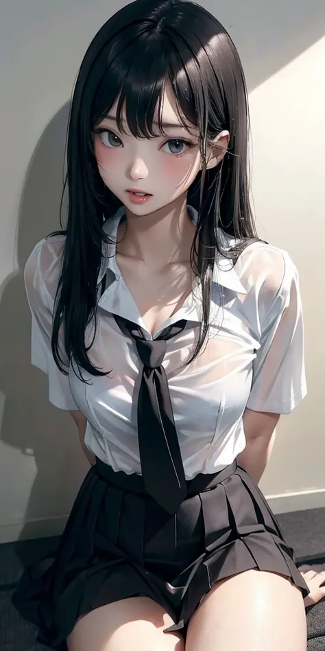 Realistically、(18-year-old female), Pleated mini-skirt、（School Uniforms:1.5），wet，Face Enhancement，Accentuate your cleavage，Looking up from below，blush，moist pink lips，sexy，Besit，Please open your mouth wide,black long hair,Beautiful clavicle，Perfect Style, ...