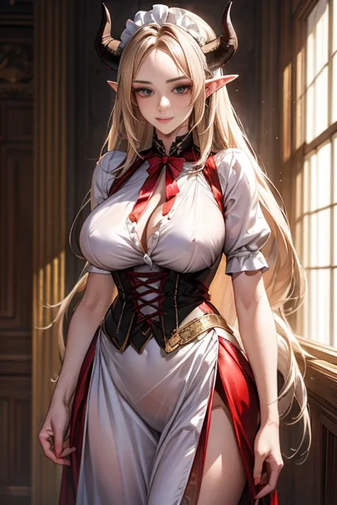 ((best quality)), ((Masterpiece)), (details:1.4), ((Enrich the picture，Masterpiece level quality)), Beautiful 8K CG artwork, 3d, HDR (high dynamic range), ne female adult elf with demon horns and dark blonde long hair and visible forehead wearing a beautif...