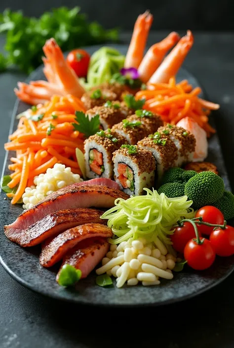 
                  Top view Gourmet Food on a banquet plate Healthy Delicious Dishes Exquisite Refreshing Sushi Sweet Corn,  Boiled Eggs Green and Purple Lettuce Green Pepper Green Cauliflower , mushroom,  Meat Cheese Colorful Vegetable Salad

 Photo Reali...