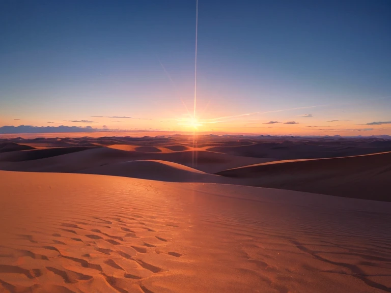 A vast empty desert , at sunrise