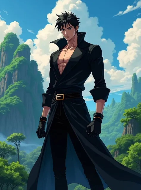 Background Ohara island and trees and big tree of Ohara of one piece anime and in front strikingly handsome young man, He is  tall, with an athletic build, but most of all, he radiated an aura of confidence and power and clothes all in black with a one pie...