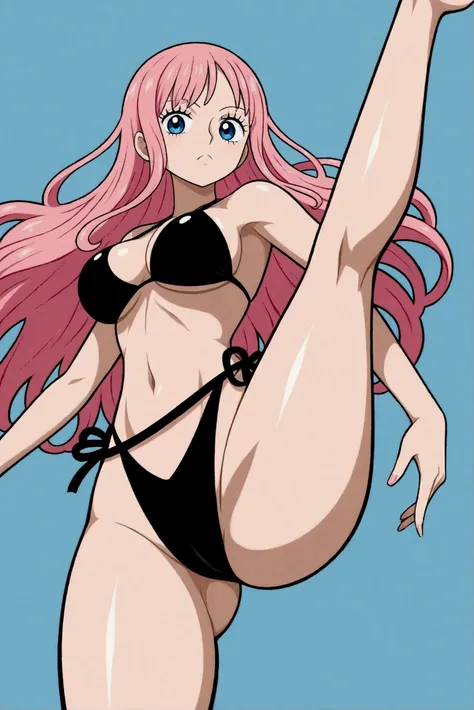 Jewelry bonney de one piece, wearing bikini, with legs apart, one leg up,  High resolution ,  looking at the viewer , breasts, blue eyes,  long hair , pink hair, thin waist, standing, black swimsuit,  Anatomically correct ,  Better quality, HD model, quali...