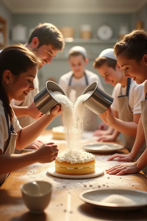 People preparing cake and chutes with flour