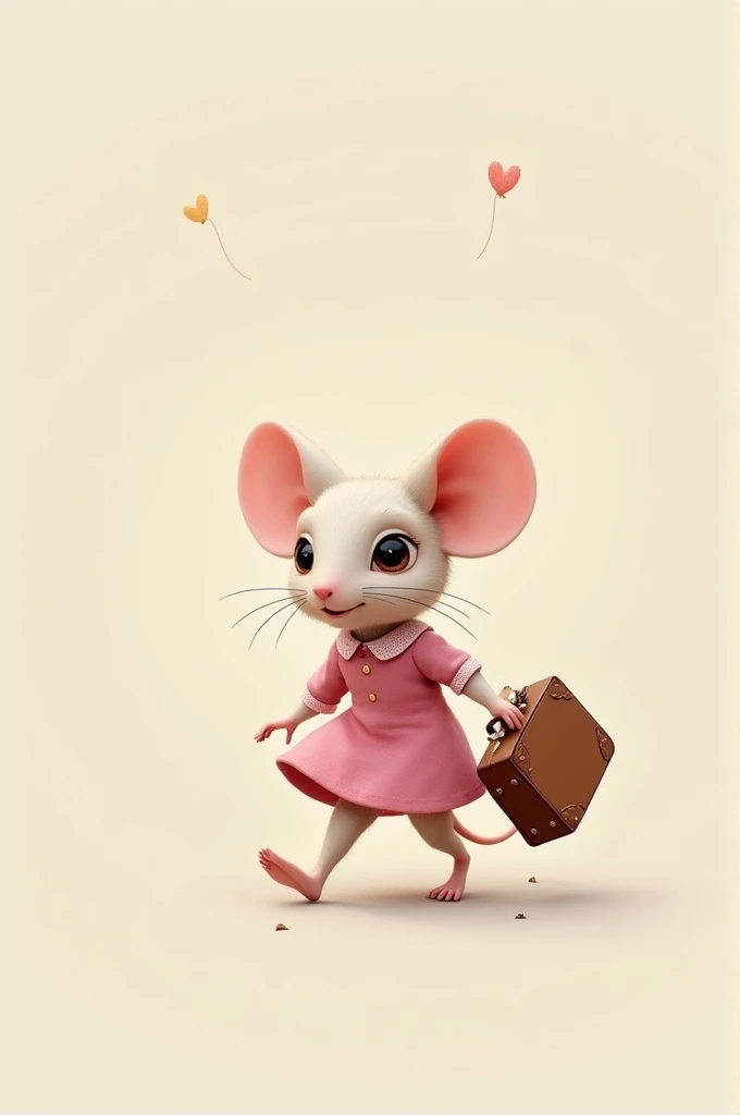 A little non-human mouse  ,  in pink clothes and a suitcase 