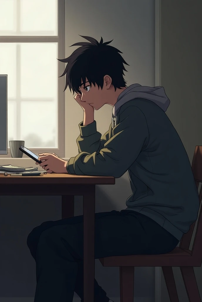 Anime teenagers boy with black hair with short and messy hair with a jacket and long pants sitting and looking at the cell phone next to his desk at home he has his arm resting on that table and with the same arm he has his hand on his chin and with a bore...