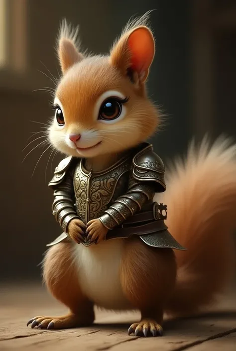  The female squirrel is an agile and fearless creature ,  with a soft and shiny coat that stands out in shades of brown and gold . Your eyes are big and expressive, full of curiosity and determination.  She wears light iron armor ,  designed not to restric...