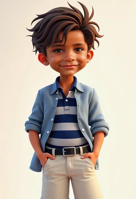 brown boy, brown hair, brown eyes,  wearing a striped blue and white shirt,   underneath a navy blue shirt , short white ,  black belt and smiley  