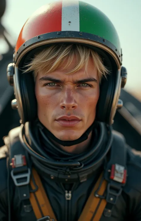 Create a young blond pilot with the face of a Ferrari prince wearing a helmet the color of the Italian flag