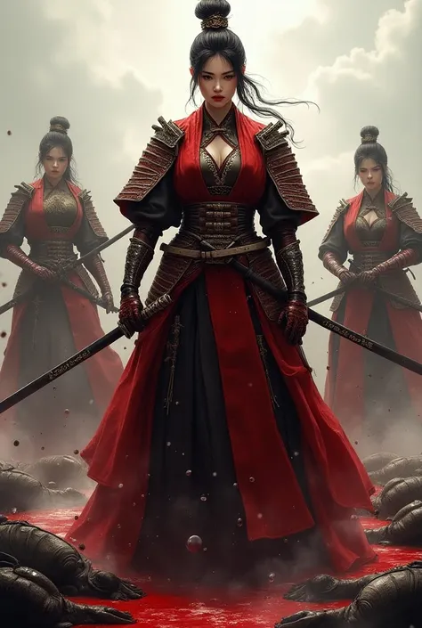 Hight quality, very beautiful woman shogun and female bodyguards, standing in a pile of ninja, blood pooled