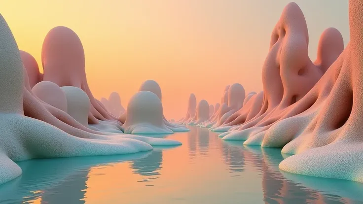 The image depicts a surreal landscape featuring abstract, organic shapes and forms that resemble humanoid figures and objects. The colors are a mix of pastel and metallic hues, with a backdrop of a calm, reflective surface and an orange-tinted sky, giving ...