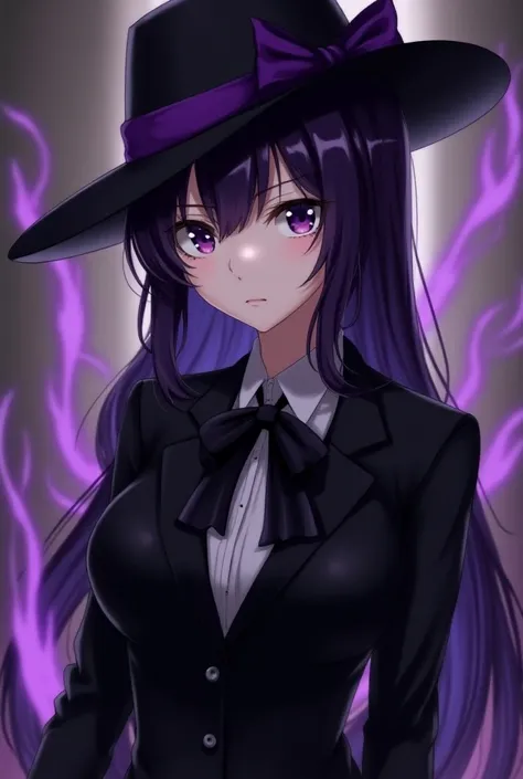 1girl, black hat with purple stripe, black suit, bow on hat, bow tie, purple hair, purple eyes, purple spirit behind, purple effects, detailed background, detailed hair, epic, serious view, portrait, anime style,